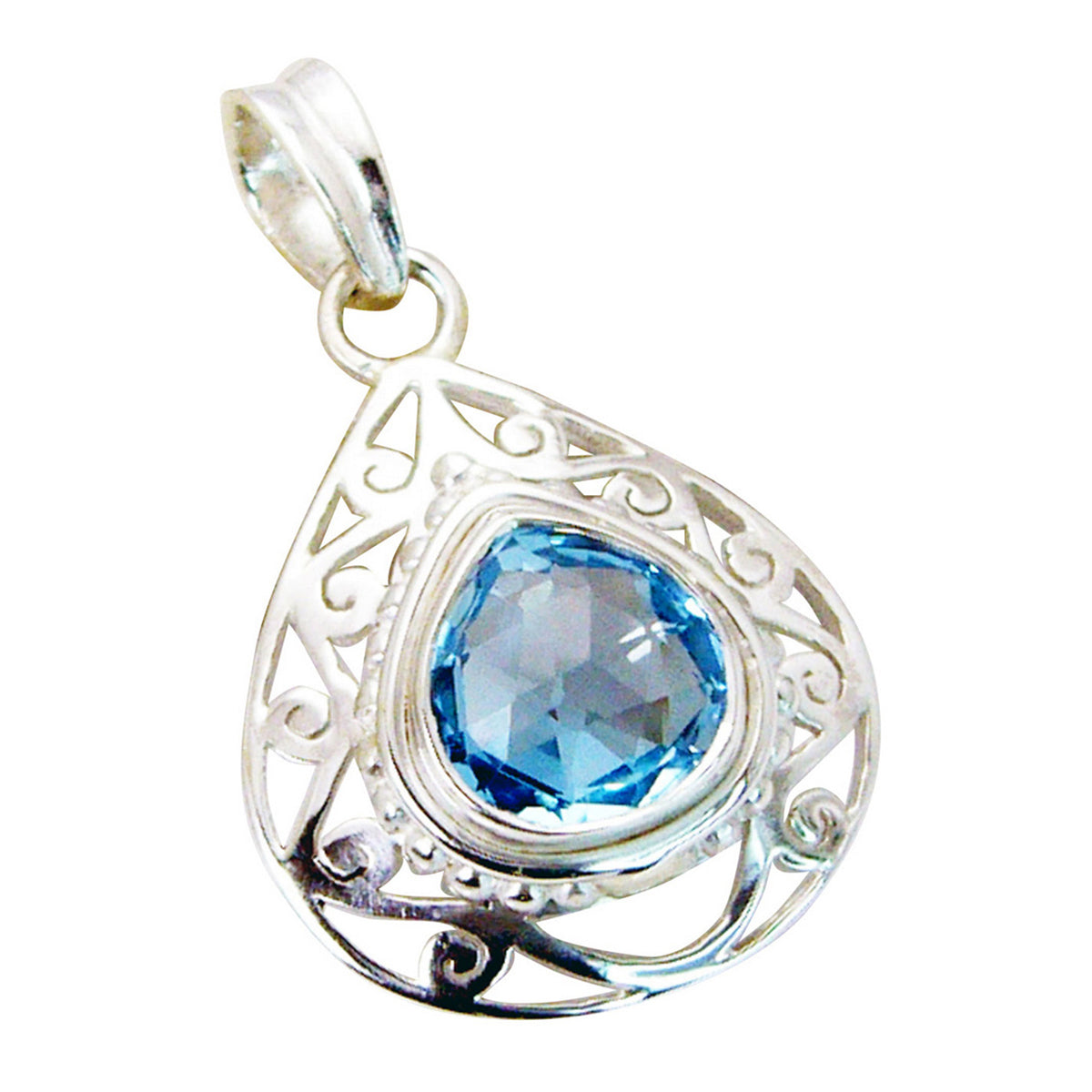 Blue Topaz Slim Italian 92.5 Silver Solitaire Blue Pendant