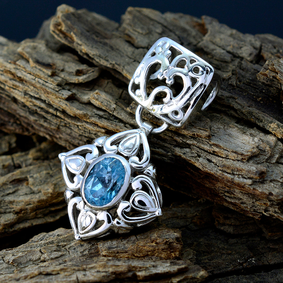 Blue Topaz Minimal French Silver Solitaire Sara Filigree Blue Pendant Jewelry