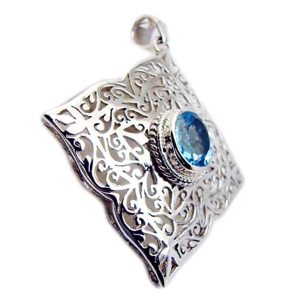 Blue Topaz Chunky French Sterling Silver Solitaire Blue Pendant