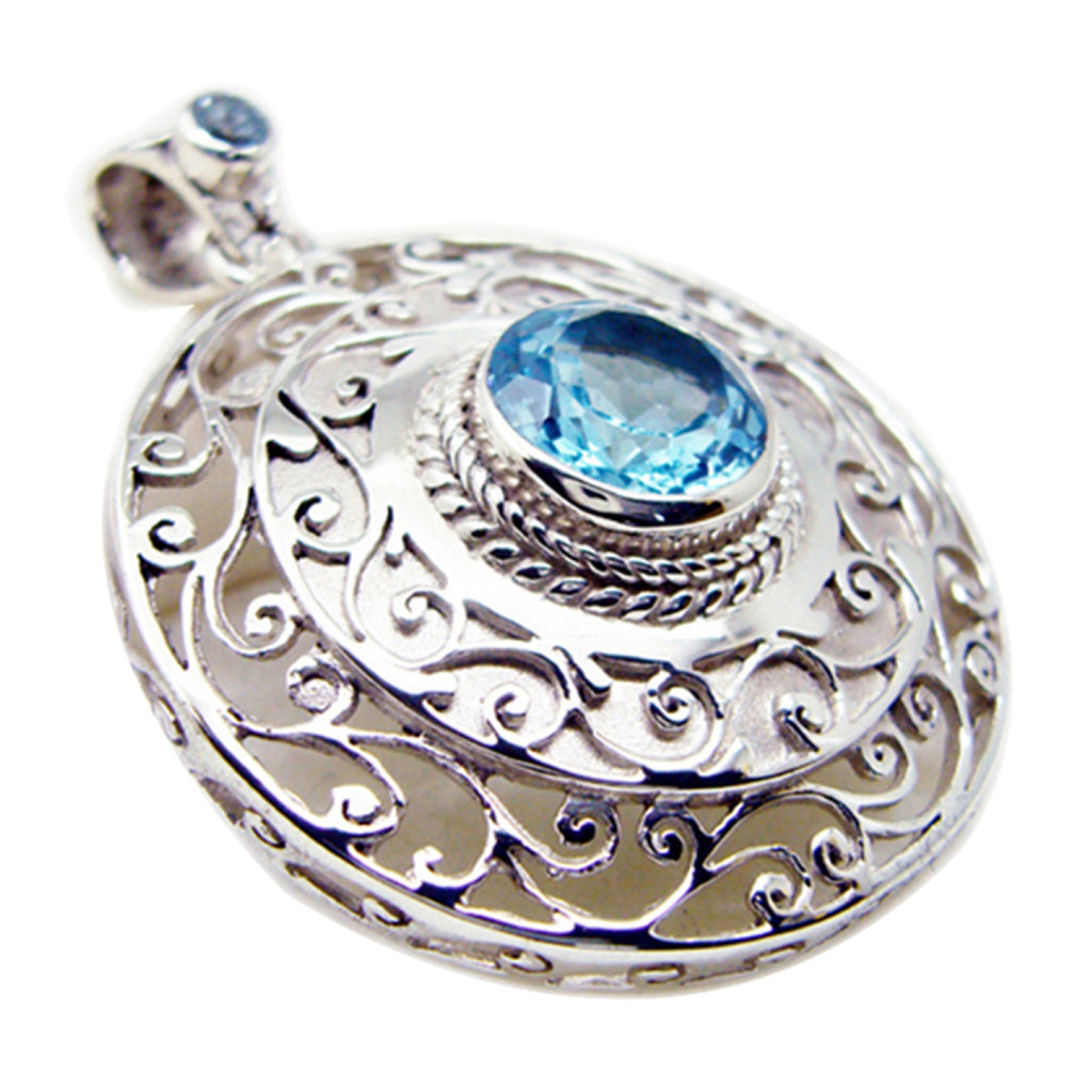 Blue Topaz Statement German 925 Silver Solitaire Blue Pendant