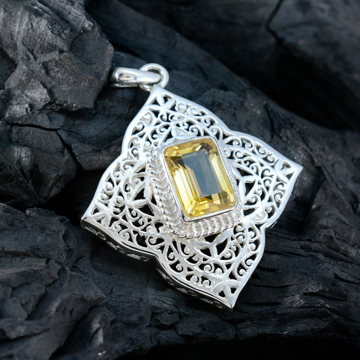 Citrine Statement French Sterling Silver Solitaire Violet Victorian Yellow Pendant Jewellery