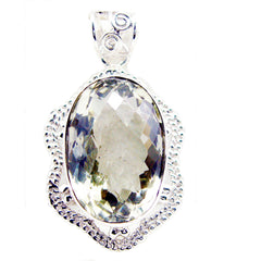 Green Amethyst Chunky American Sterling Silver Solitaire Light Green Pendant