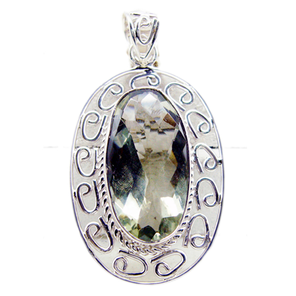 Green Amethyst Chunky Moroccan Sterling Silver Solitaire Light Green Pendant