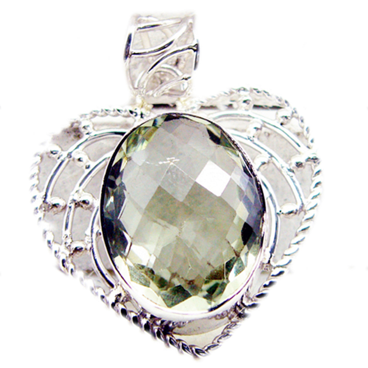 Green Amethyst Chunky American Silver Solitaire Light Green Pendant