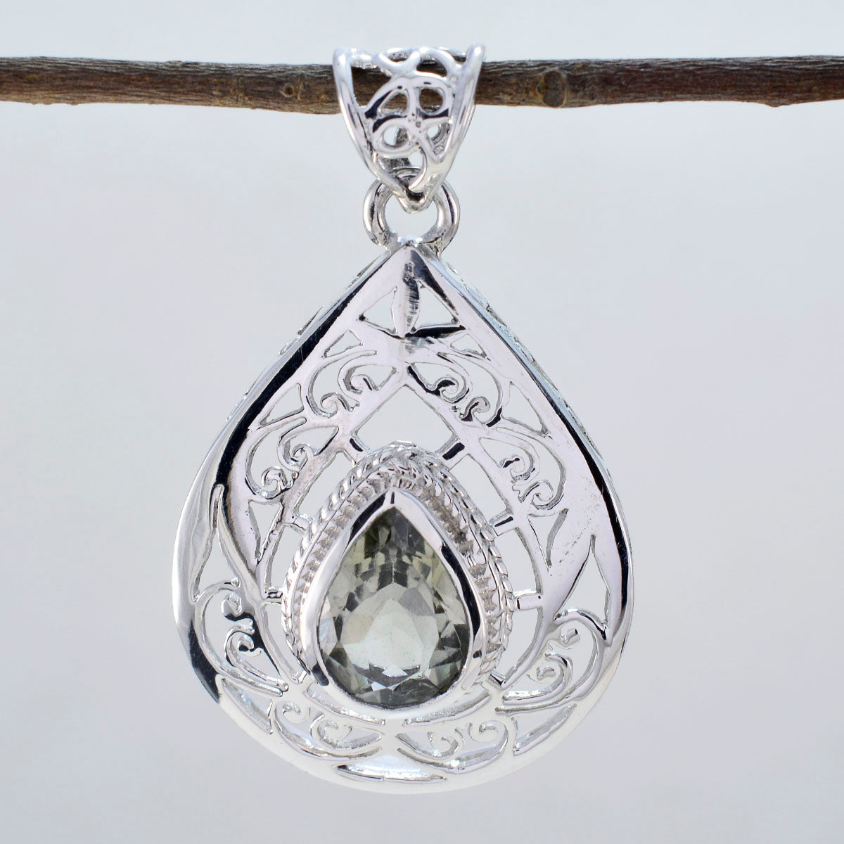 Green Amethyst Statement German Sterling Silver Solitaire Layla Filigree Green Pendant Jewellery