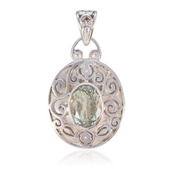 Green Amethyst Statement German 92.5 Silver Solitaire Light Green Pendant