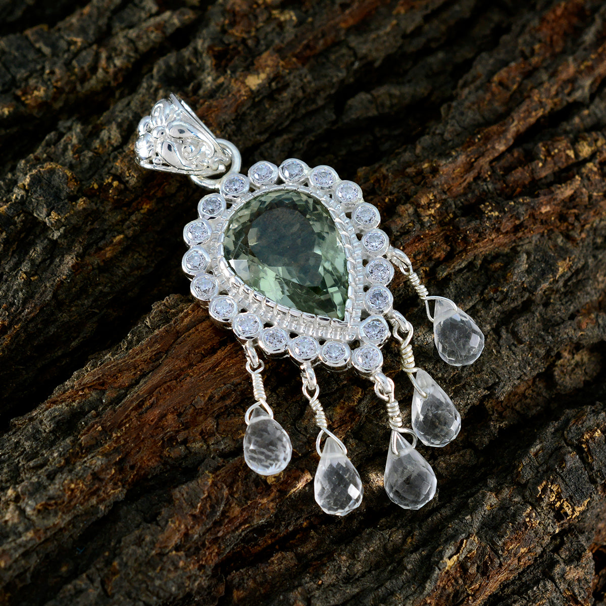 Green Amethyst Statement African Sterling Silver multiple Autumn Glamorous Green Pendant Jewellery