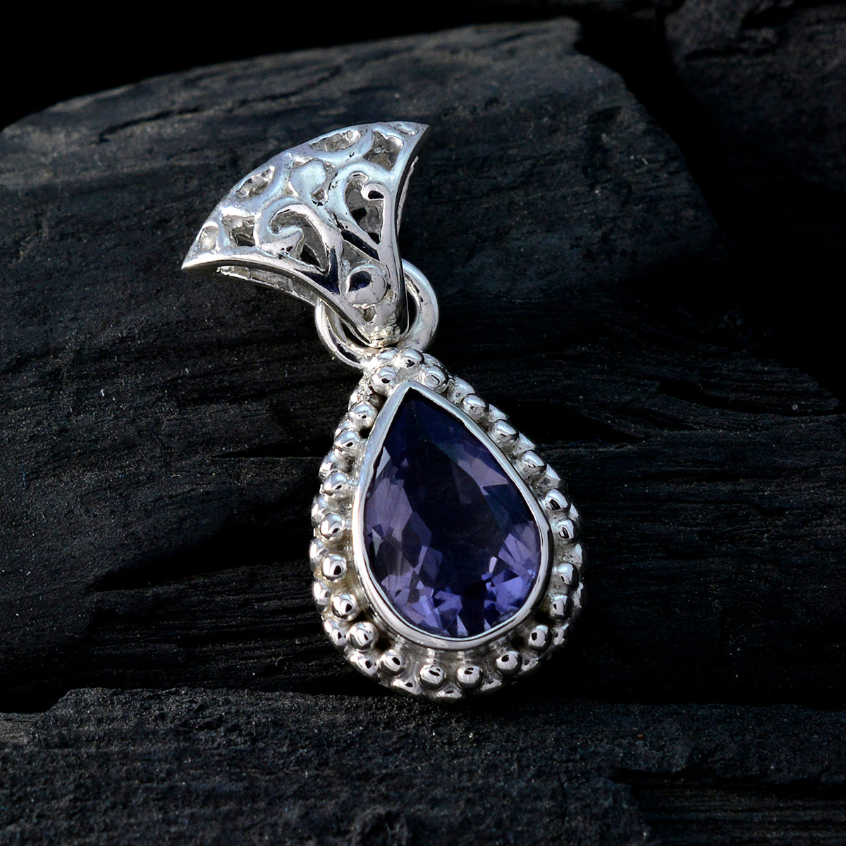 Iolite Featherlight Moroccan 92.5 Silver Solitaire Amelia Rope-Wire Blue Pendant Jewellery