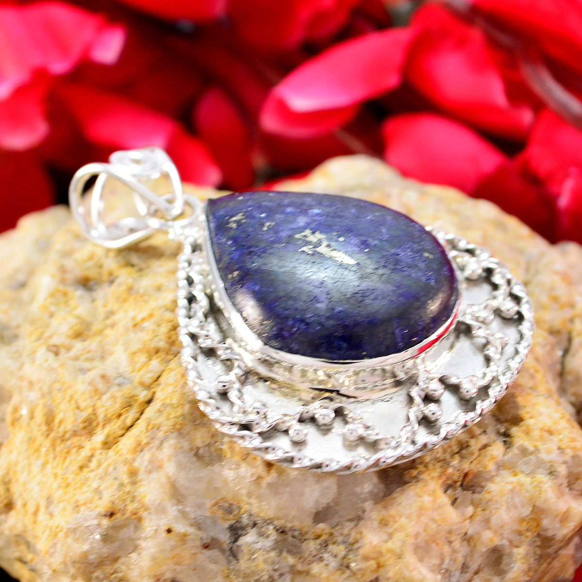 Pendentif solitaire en argent 925 et lapis-lazuli bleu, bijou turc Image principale du produit