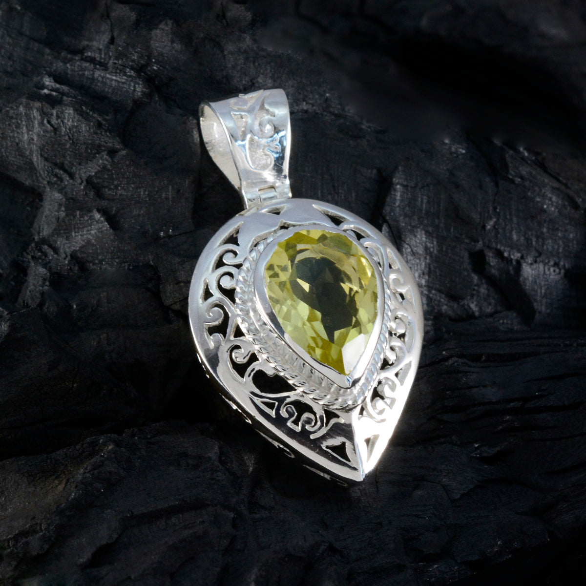 Lemon Quartz Statement French Sterling Silver Solitaire Carolina Vintage Yellow Pendant Jewellery