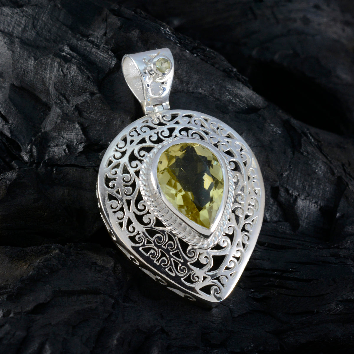 Lemon Quartz Statement French Sterling Silver Solitaire Alice Filigree Yellow Pendant Jewellery