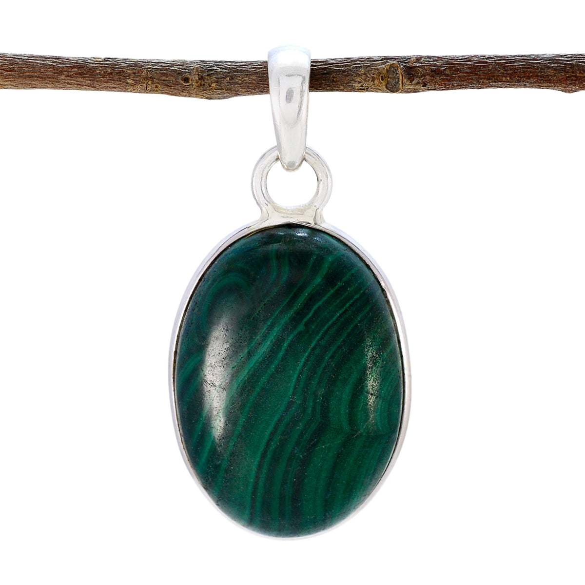 Malachite Featherlight Latin American 925 Silver Solitaire Green Pendant Hoofdafbeelding