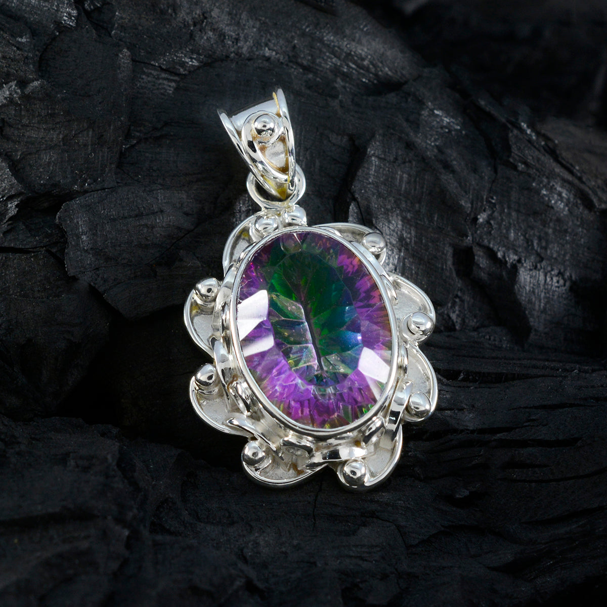 Mystic Quartz Eye-catching Latin American Sterling Silver Solitaire Laura Rope-Wire multicolor Pendant Jewellery