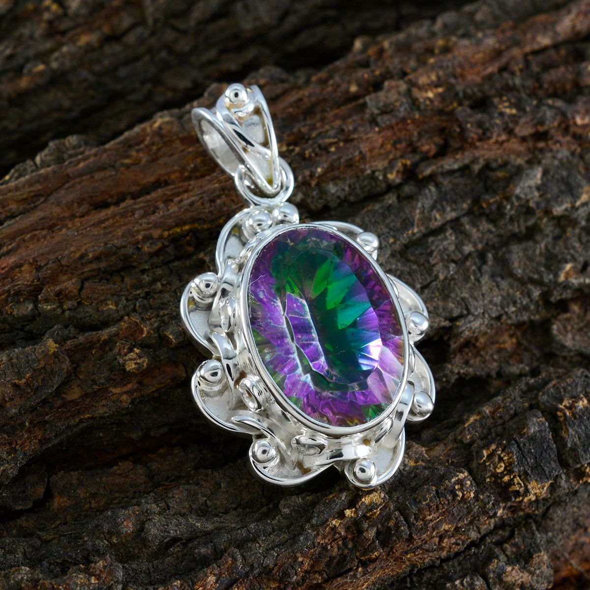 Mystic Quartz Eye-catching Latin American Sterling Silver Solitaire Laura Rope-Wire multicolor Pendant Jewellery