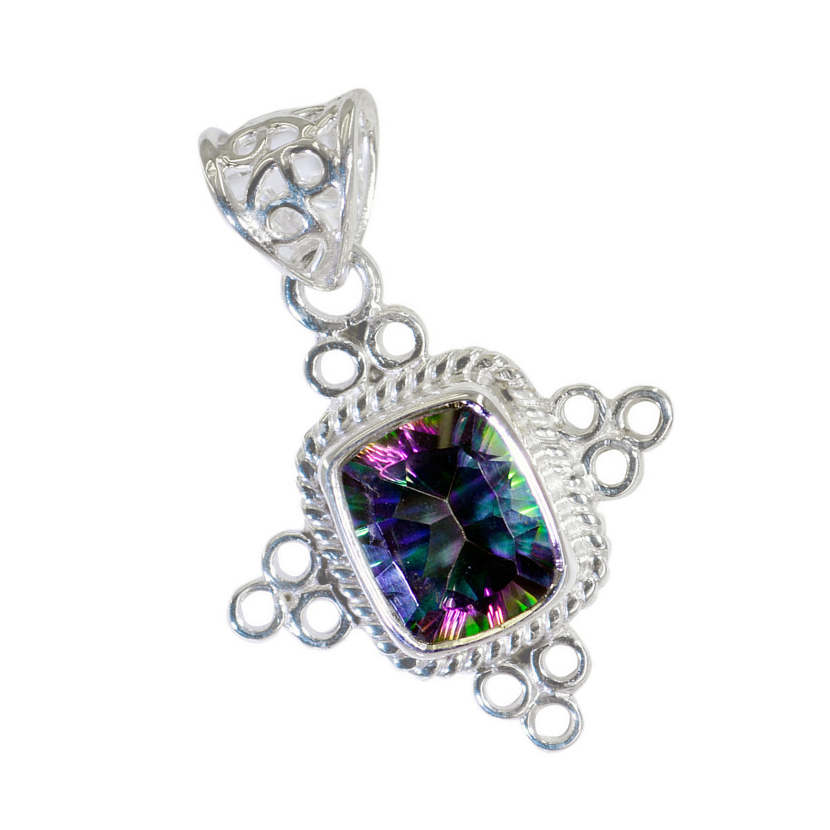 Mystic Quartz Featherlight Latin American Sterling Silver Solitaire Hazel Rope-Wire multicolor Pendant Jewellery