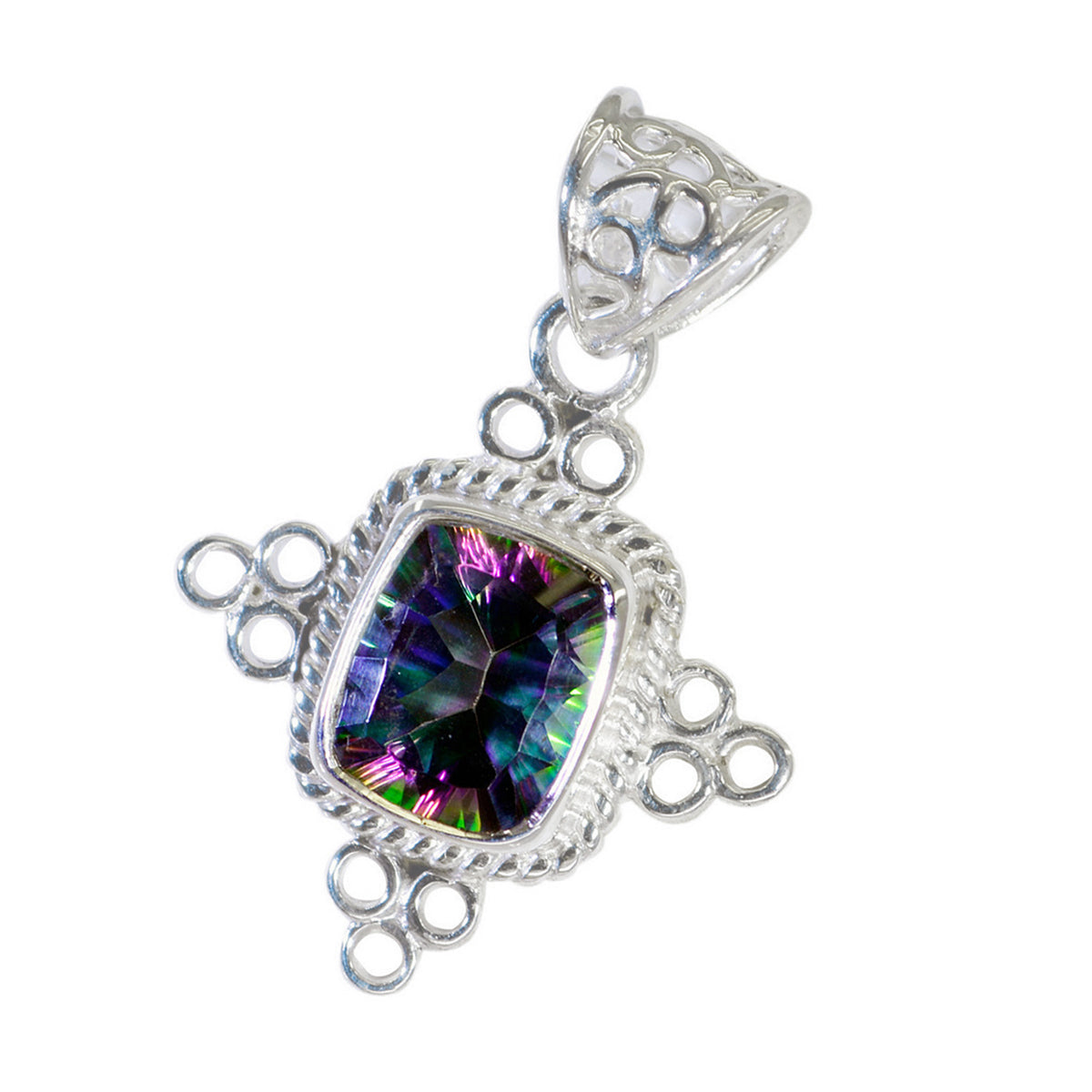 Mystic Quartz Featherlight Latin American Sterling Silver Solitaire Hazel Rope-Wire multicolor Pendant Jewellery