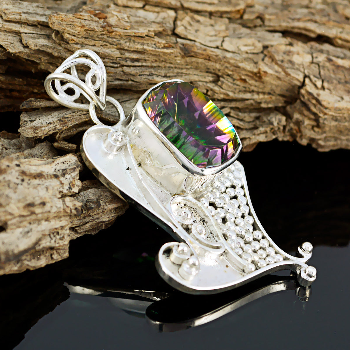 Mystic Quartz Statement Moroccan Sterling Silver Solitaire Lea Boho multicolor Pendant Jewellery