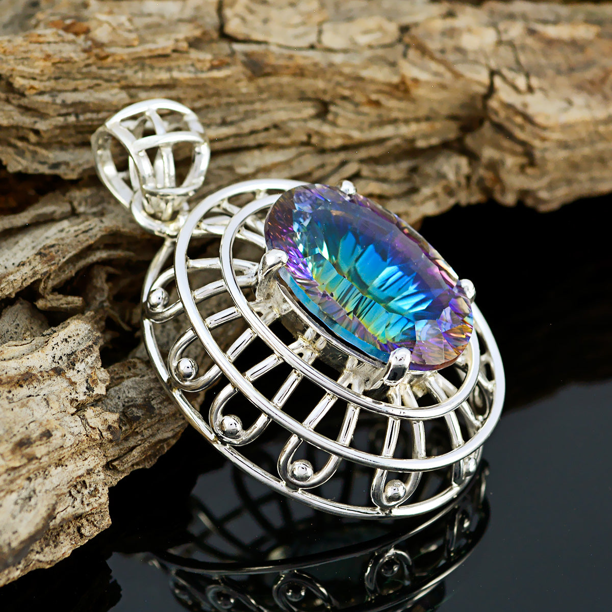 Colgante de cuerda de alambre multicolor con solitario de cuarzo místico en plata egipcia 925. Imagen principal del producto