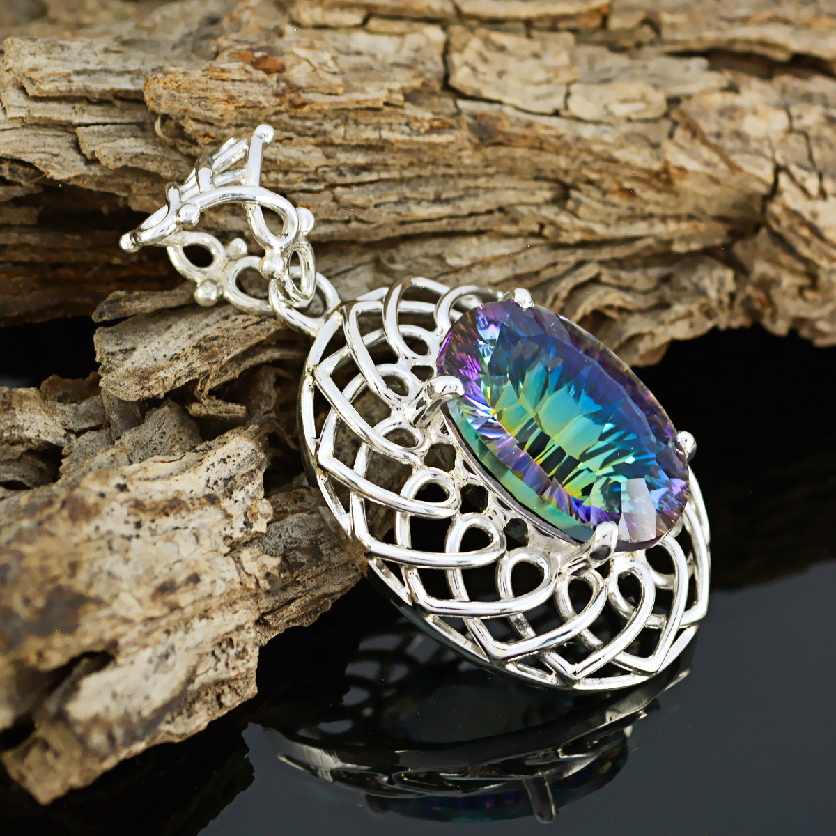 Mystic Quartz Chunky American Silver Solitaire Lily Rope-Wire multicolor Pendant Jewelry