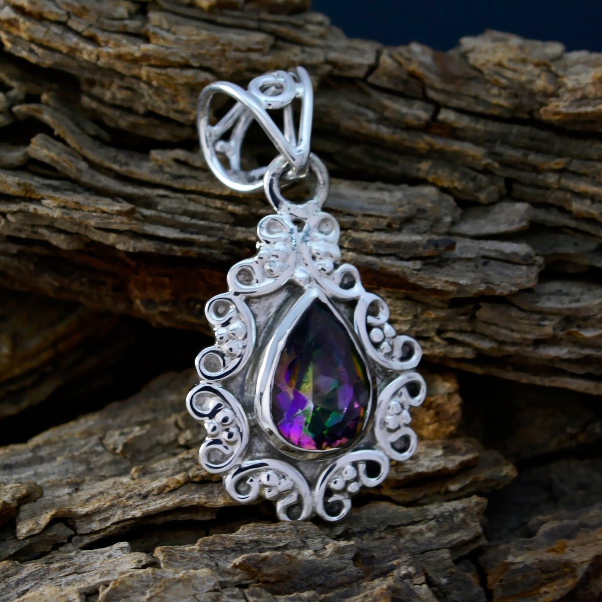 Mystic Quartz Whisper-thin Mexican Silver Solitaire Hannah Rope-Wire multicolor Pendant Jewelry