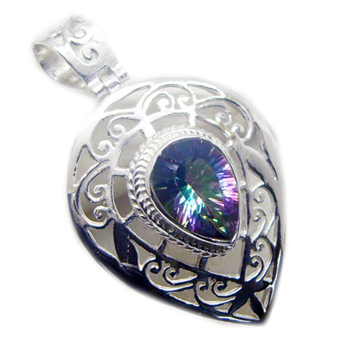 Mystic Quartz Chunky Spanish Silver Solitaire Antonia Filigree multicolor Pendant Jewelry