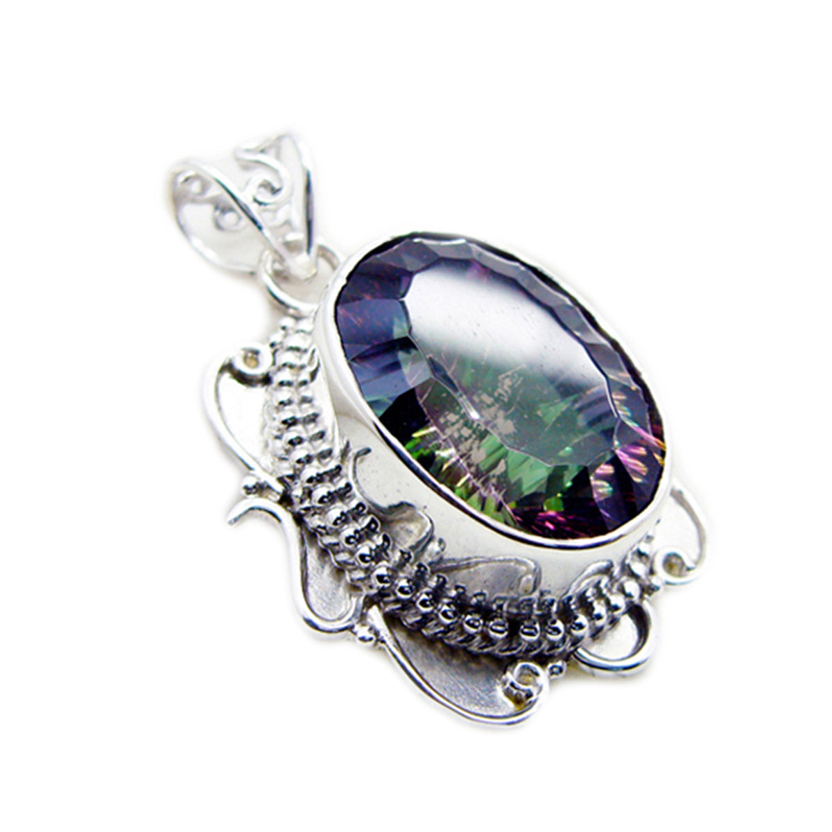 Mystic Quartz Statement Moroccan Sterling Silver Solitaire Isabella Rope-Wire multicolor Pendant Jewellery
