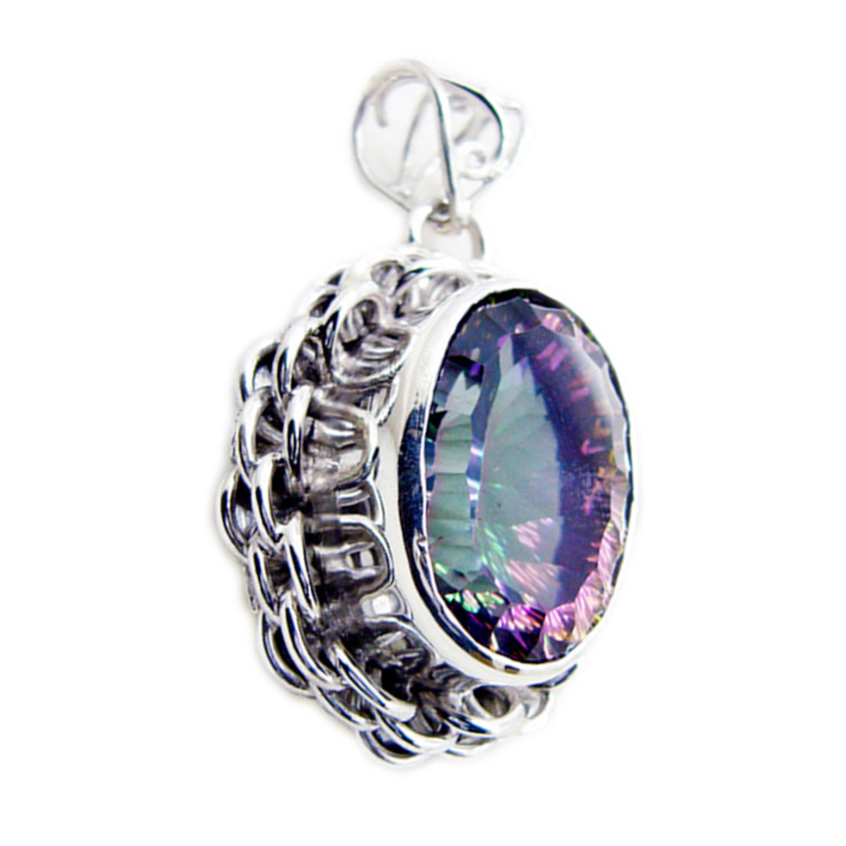 Mystic Quartz Statement Moroccan Silver Solitaire Lorena Rope-Wire multicolor Pendant Jewelry