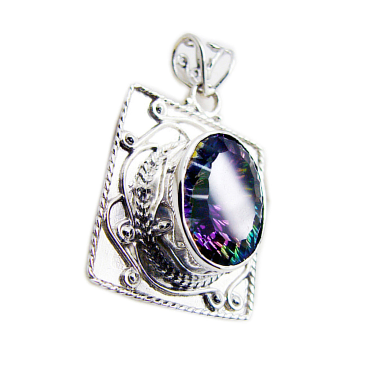 Mystic Quartz Statement Mexican Silver Solitaire María Rope-Wire multicolor Pendant Jewelry
