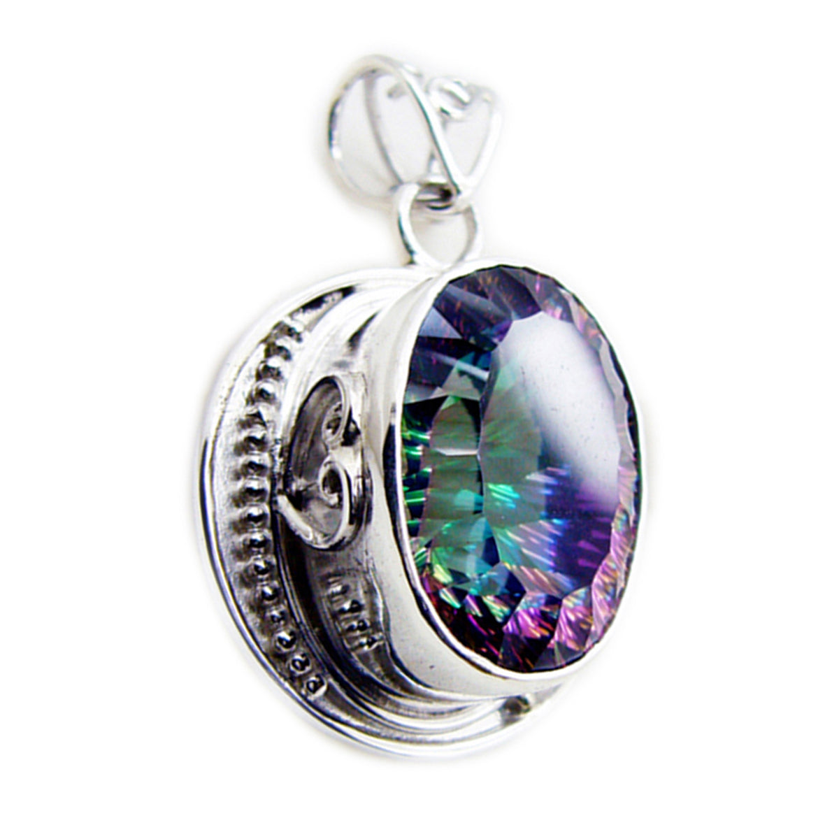 Mystic Quartz Statement Russian Sterling Silver Solitaire Pilar Rope-Wire multicolor Pendant Jewellery