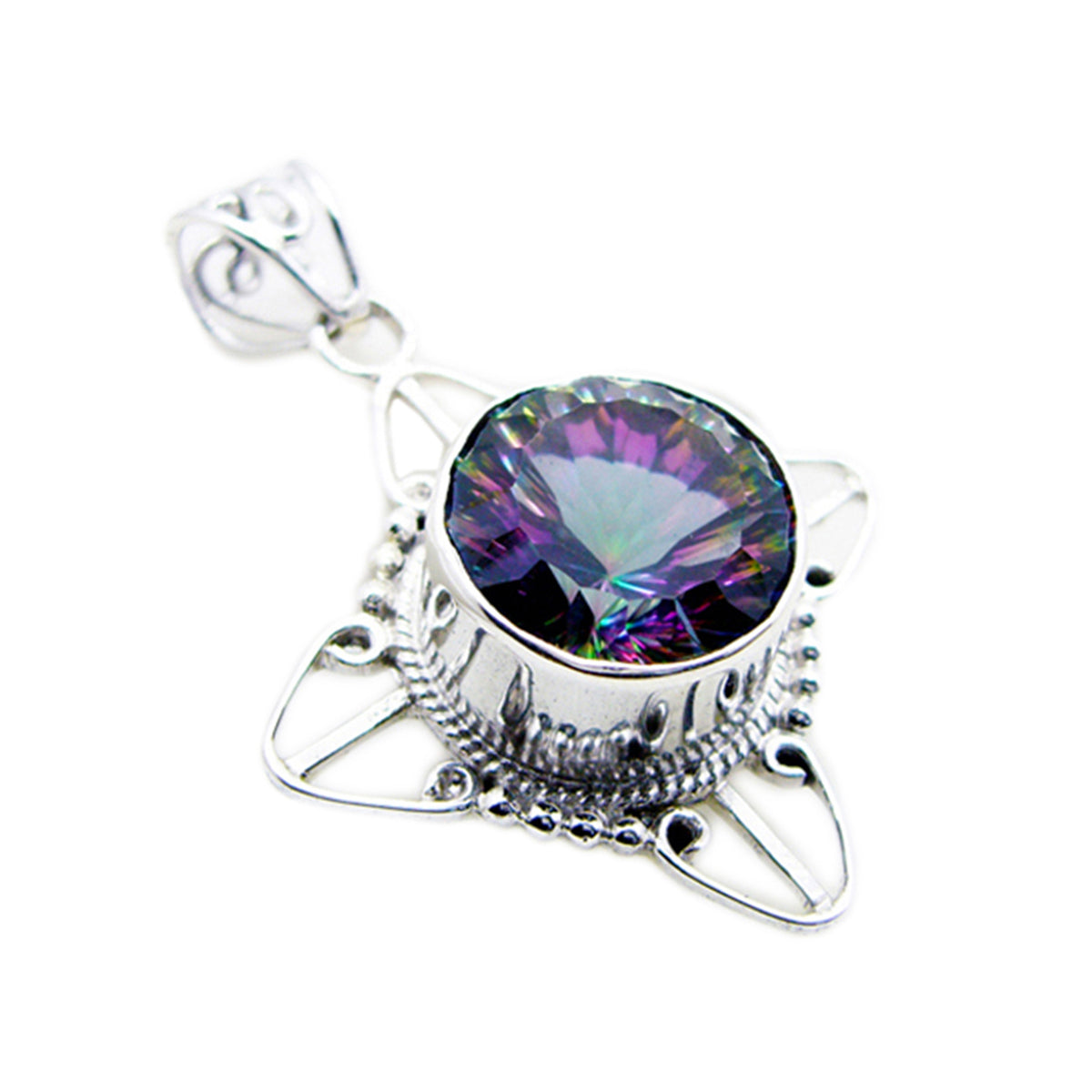 Mystic Quartz Statement Mexican Sterling Silver Solitaire Evelyn Rope-Wire multicolor Pendant Jewellery