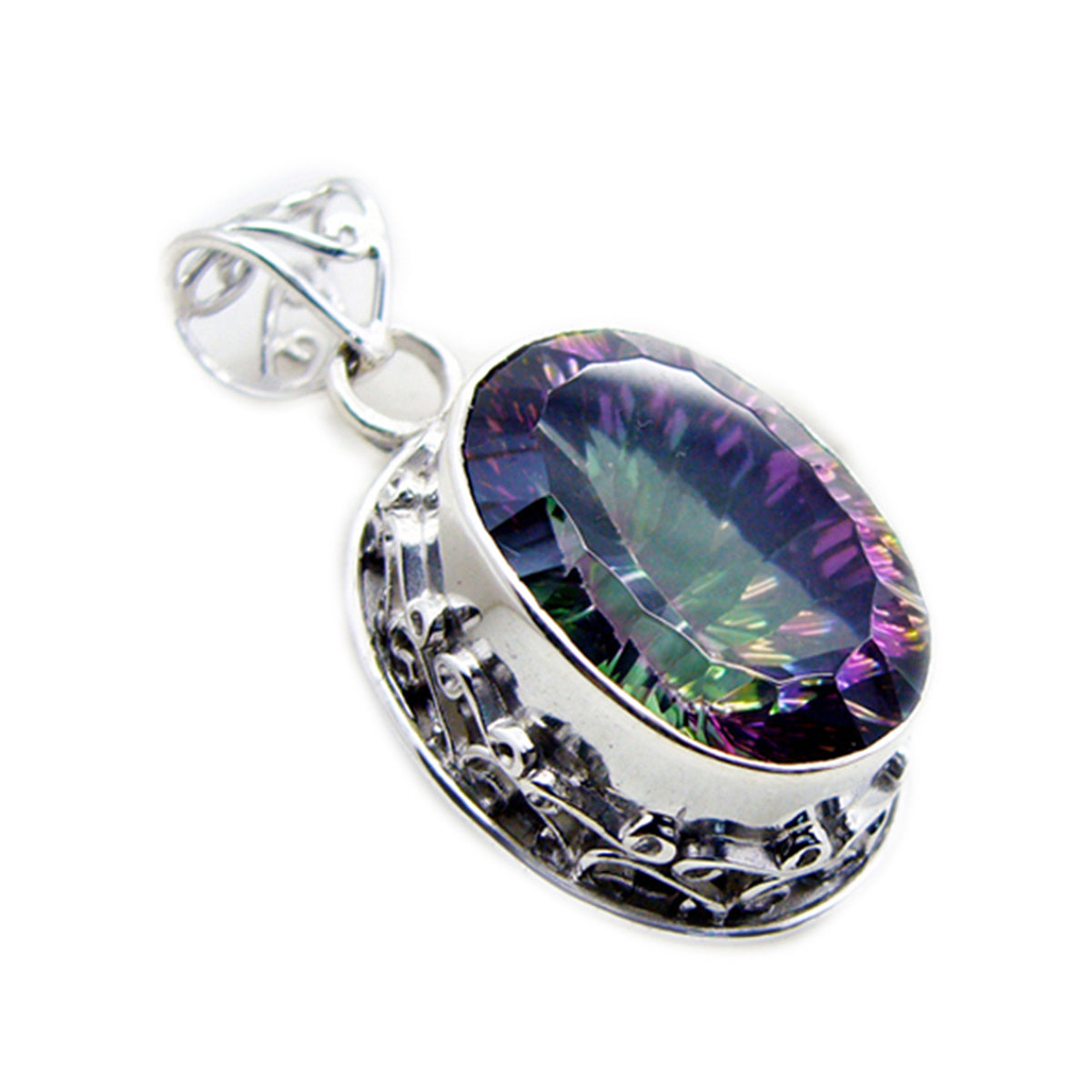 Mystic Quartz Statement Egyptian Sterling Silver Solitaire Amelia Rope-Wire multicolor Pendant Jewellery
