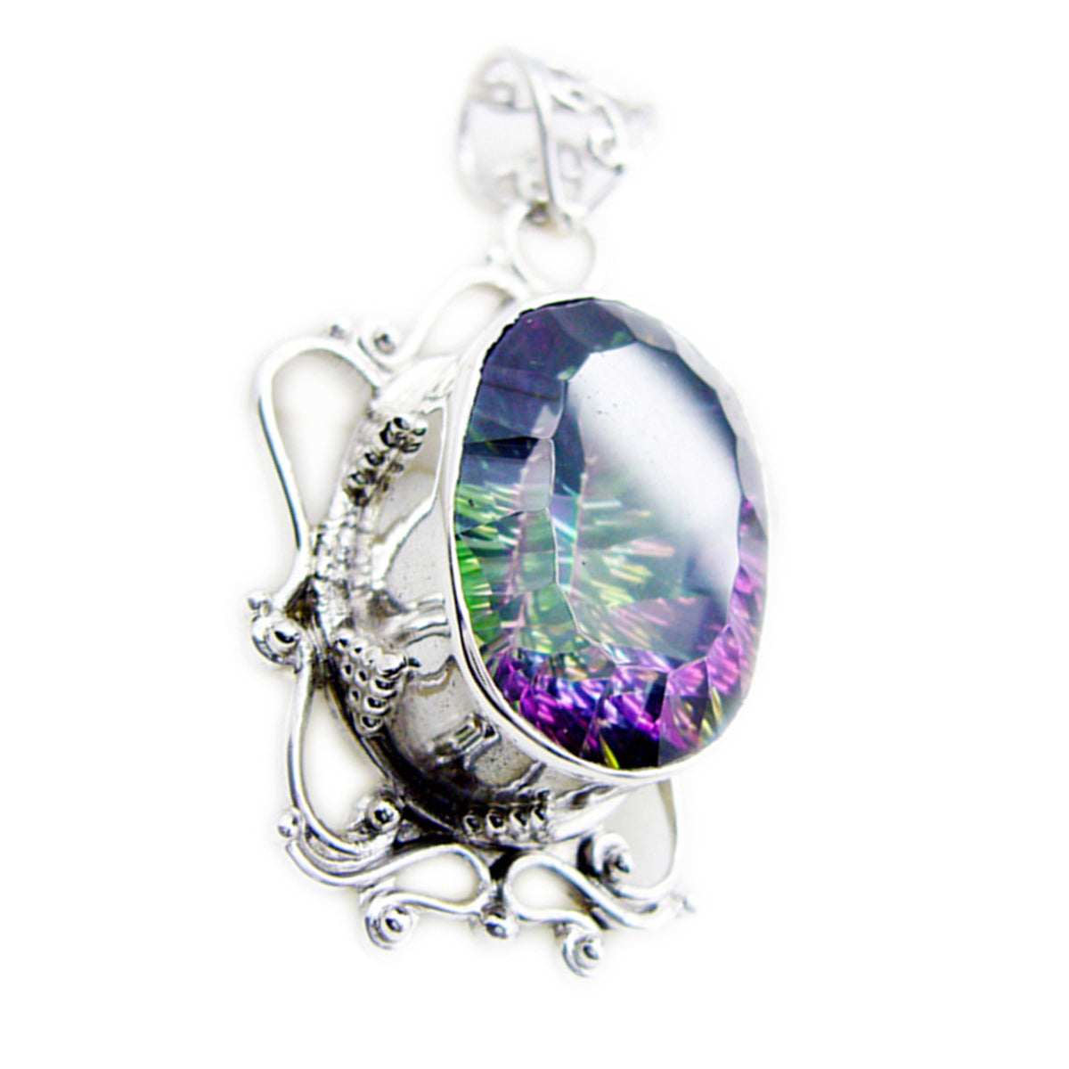 Mystic Quartz Statement Egyptian Silver Solitaire Bella Rope-Wire multicolor Pendant Jewelry