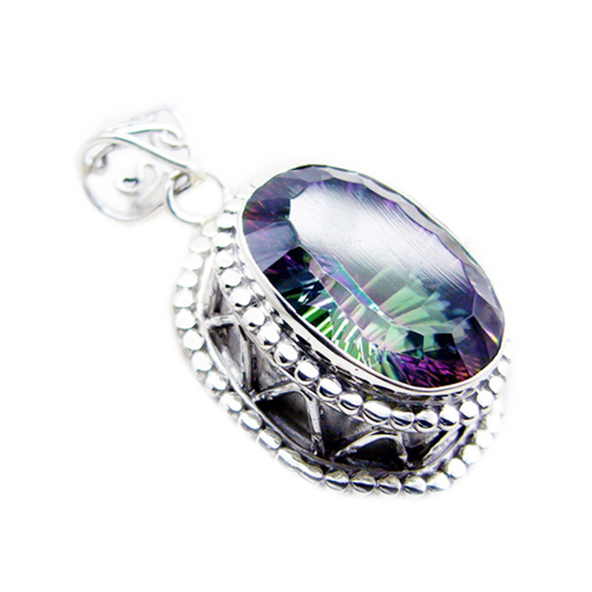 Mystic Quartz Statement Turkish Sterling Silver Solitaire Bianca Rope-Wire multicolor Pendant Jewellery