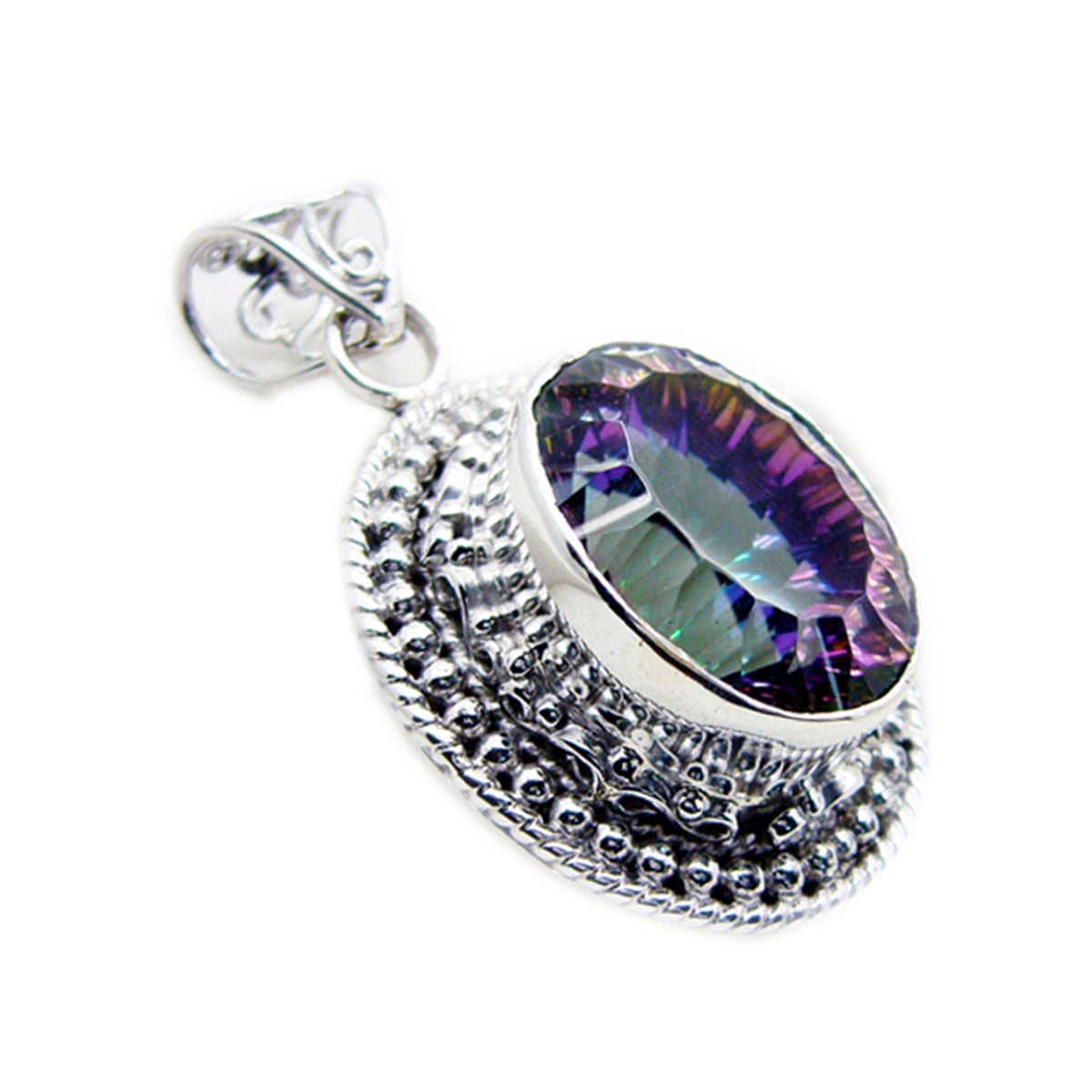 Mystic Quartz Statement Russian Sterling Silver Solitaire Chloe Rope-Wire multicolor Pendant Jewellery