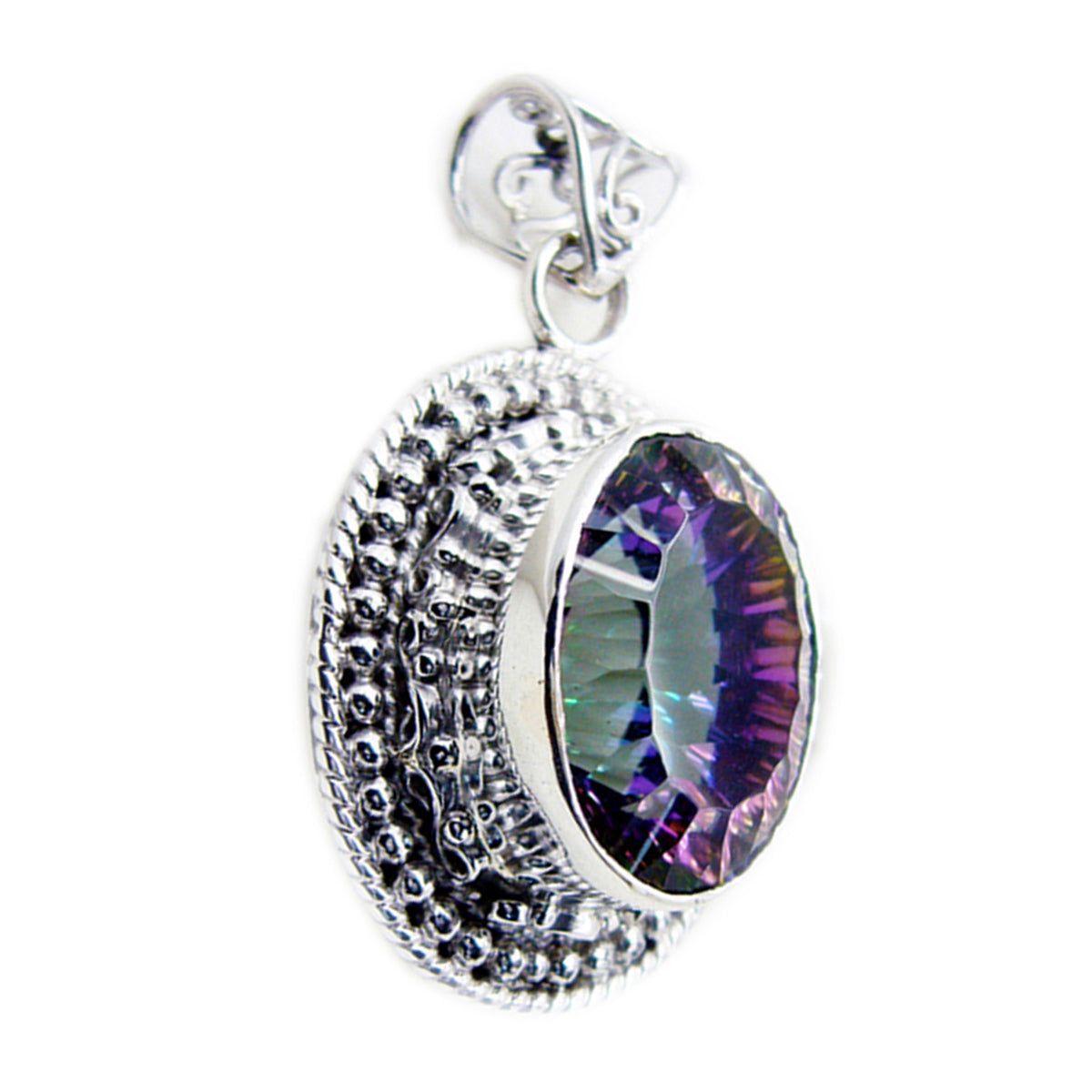 Mystic Quartz Statement Russian Sterling Silver Solitaire Chloe Rope-Wire multicolor Pendant Jewellery