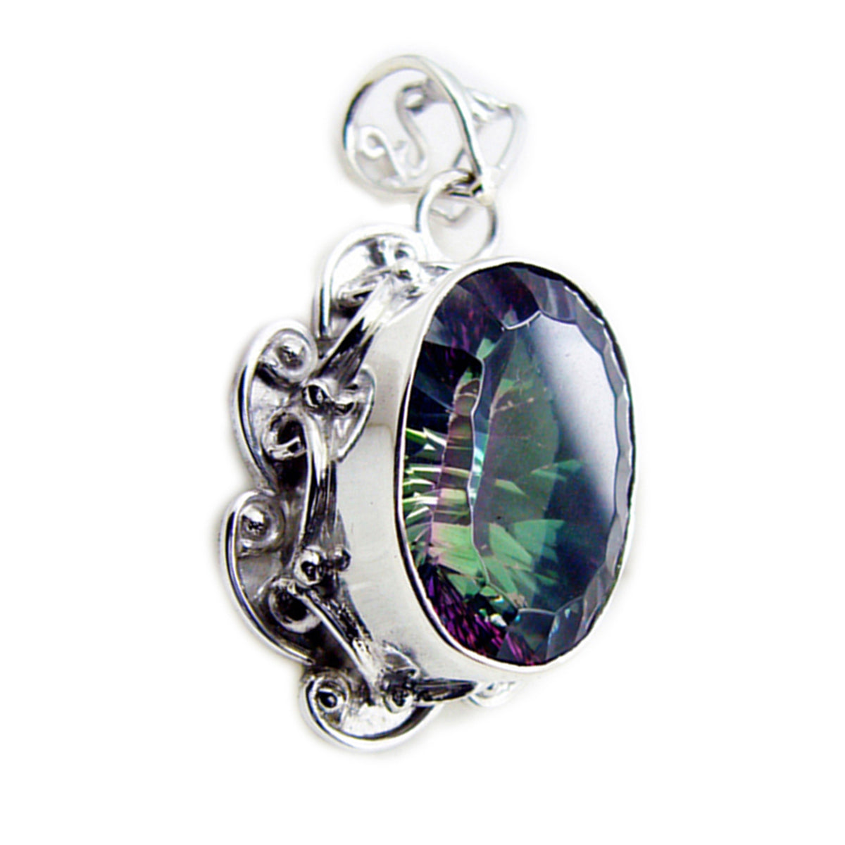 Mystic Quartz Statement American Sterling Silver Solitaire Eleena Rope-Wire multicolor Pendant Jewellery