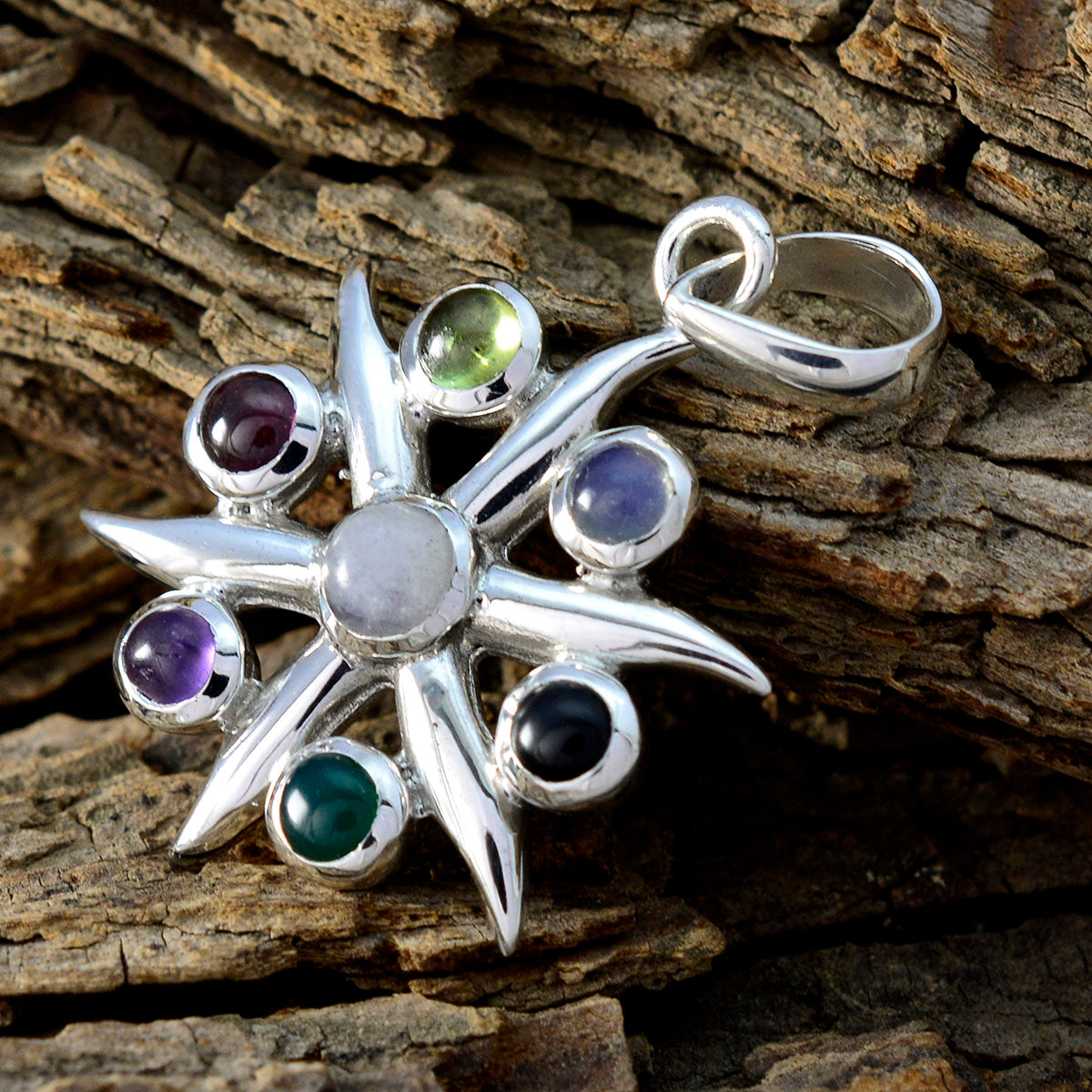 Winziger ägyptischer Hepta Luisa-Anhänger aus Sterlingsilber mit mehreren Steinen, glamouröser mehrfarbiger Schmuck