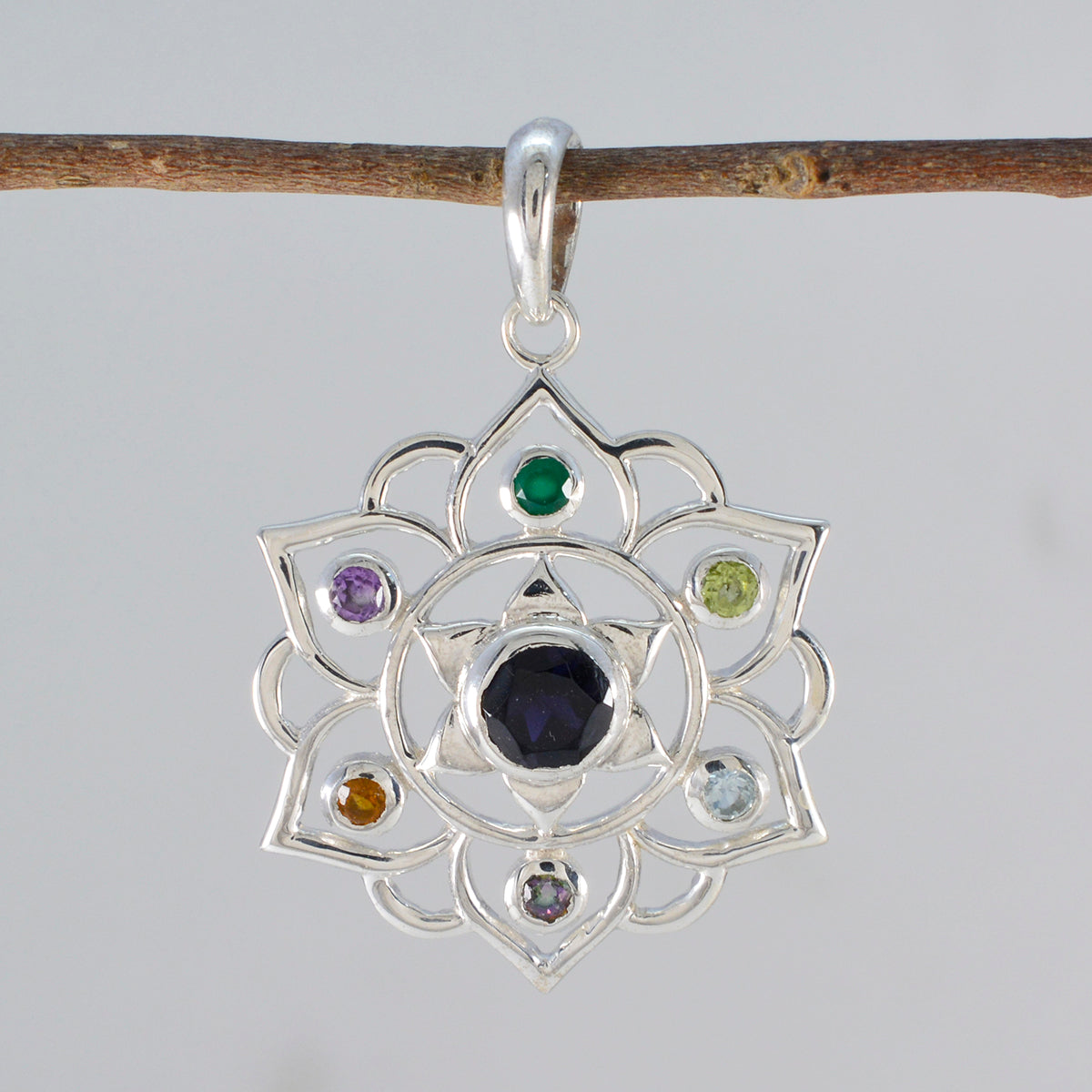 Multi Stone Classic Mexican Sterling Silver Hepta Lucia Rope-Wire multicolor Pendant Jewellery