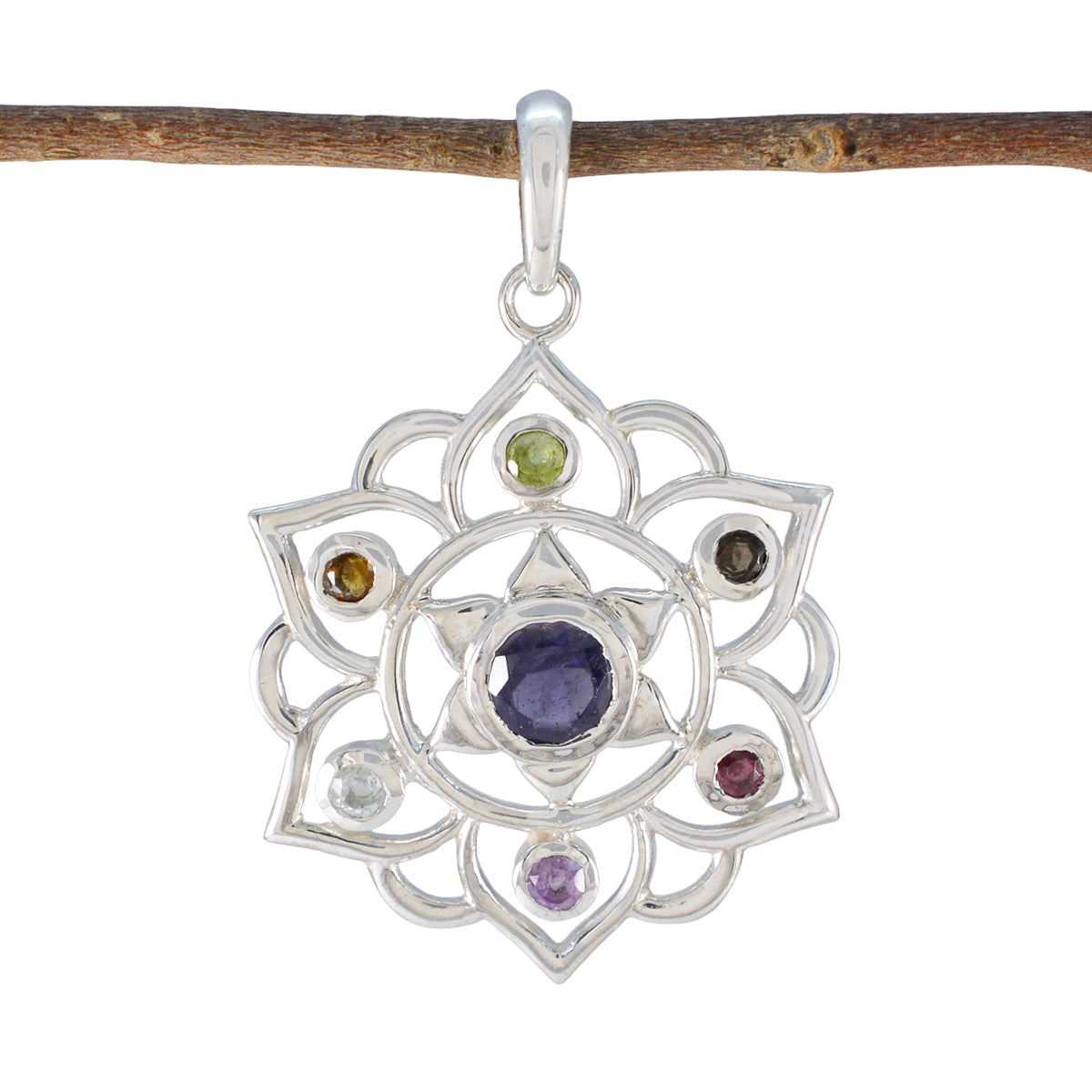 Multi Stone Classic Russian 92.5 Silver Hepta multicolor Pendant