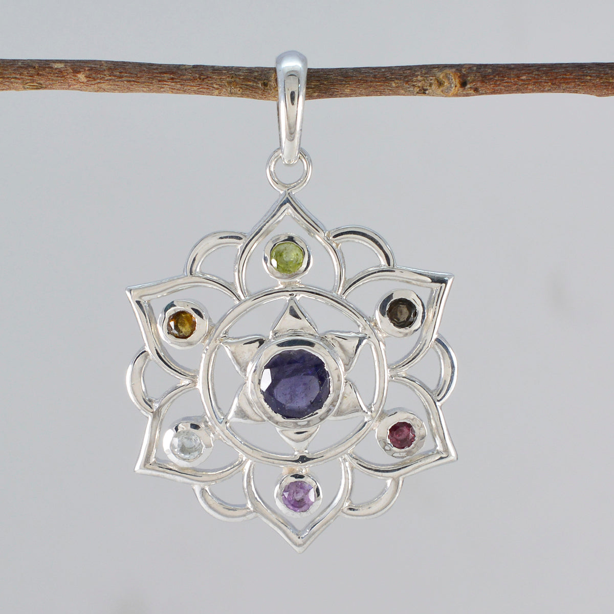 Multi Stone Classic Russian 92.5 Silver Hepta Luna Rope-Wire multicolor Pendant Jewellery