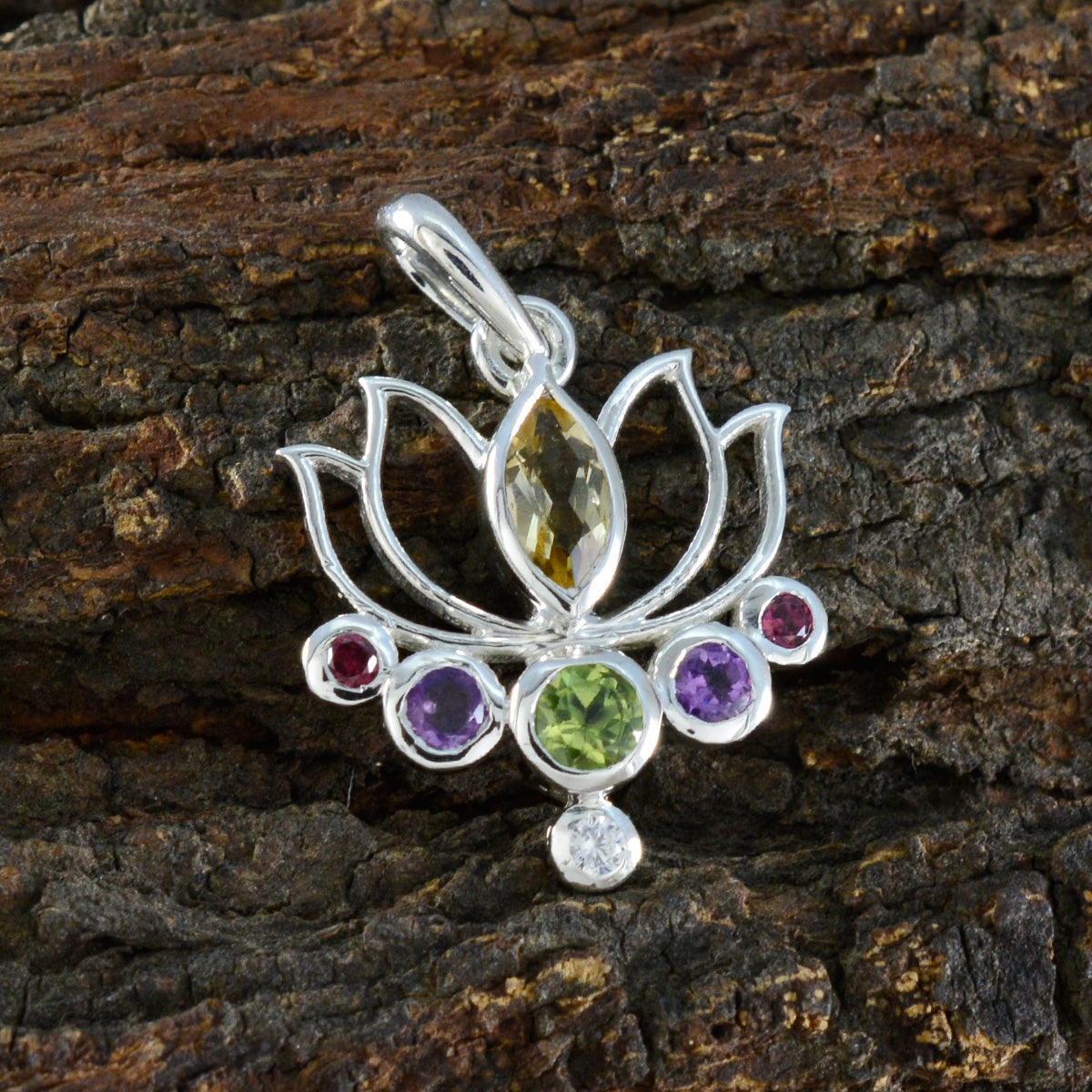Multi Stone Dainty Mexican Sterling Silver Hepta María Rope-Wire multicolor Pendant Jewellery