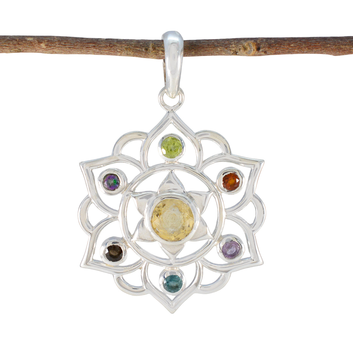 Multi Stone Classic Mexican Silver Hepta multicolor Pendant Hoofdafbeelding