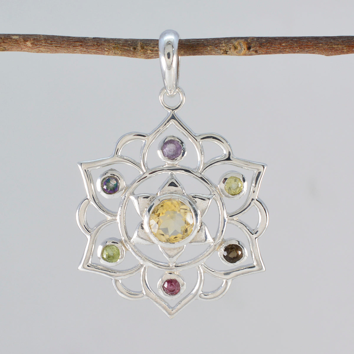 Klassieke Russische 925 zilveren Hepta Nella touw-draad hanger met meerdere stenen, veelkleurig Secundaire afbeelding