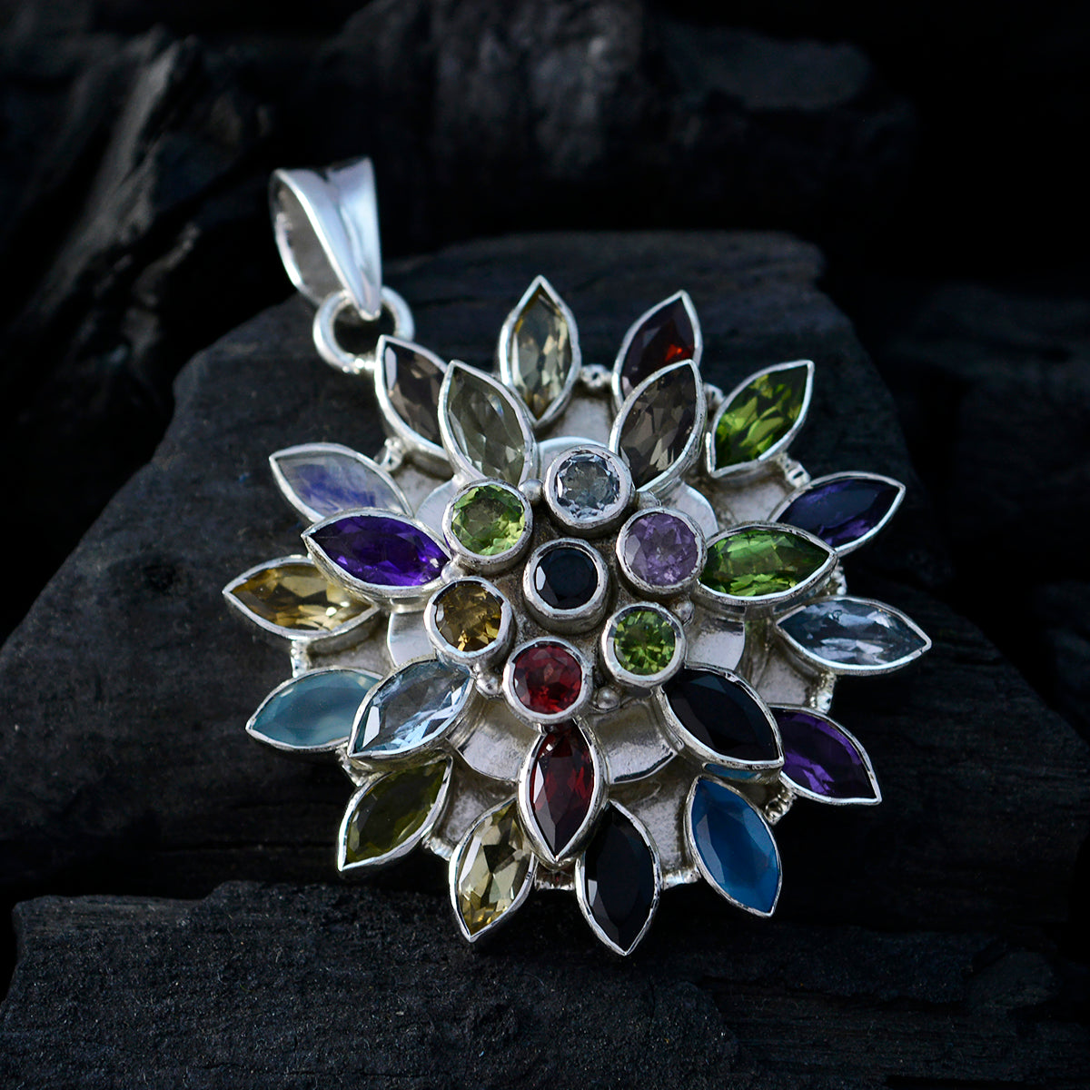 Multi Stone Chunky Egyptian Silver multiple Luna Heritage multicolor Pendant Jewelry