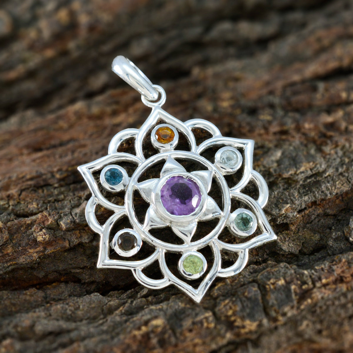 Multi Stone Classic Latin American Silver Hepta Riley Rope-Wire multicolor Pendant Jewelry