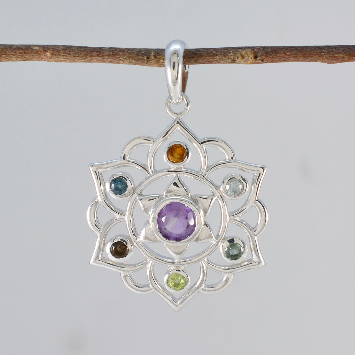 Multi Stone Classic Latin American Silver Hepta Riley Rope-Wire multicolor Pendant Jewelry