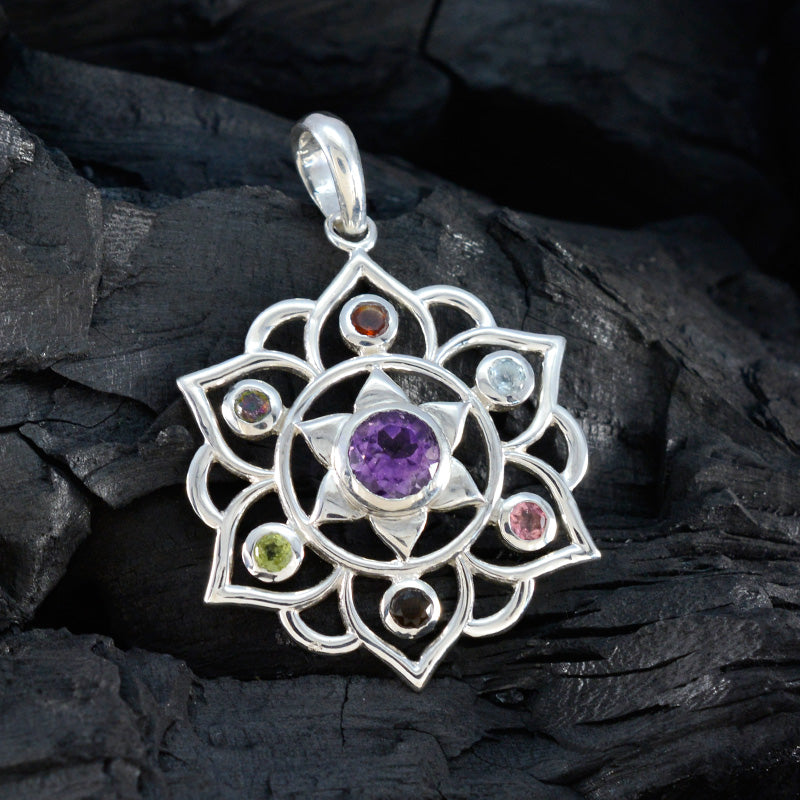 Flerfärgade hängsmycken i sterlingsilver med flera stenar och klassiska ryska Hepta Sarah-rep och tråd