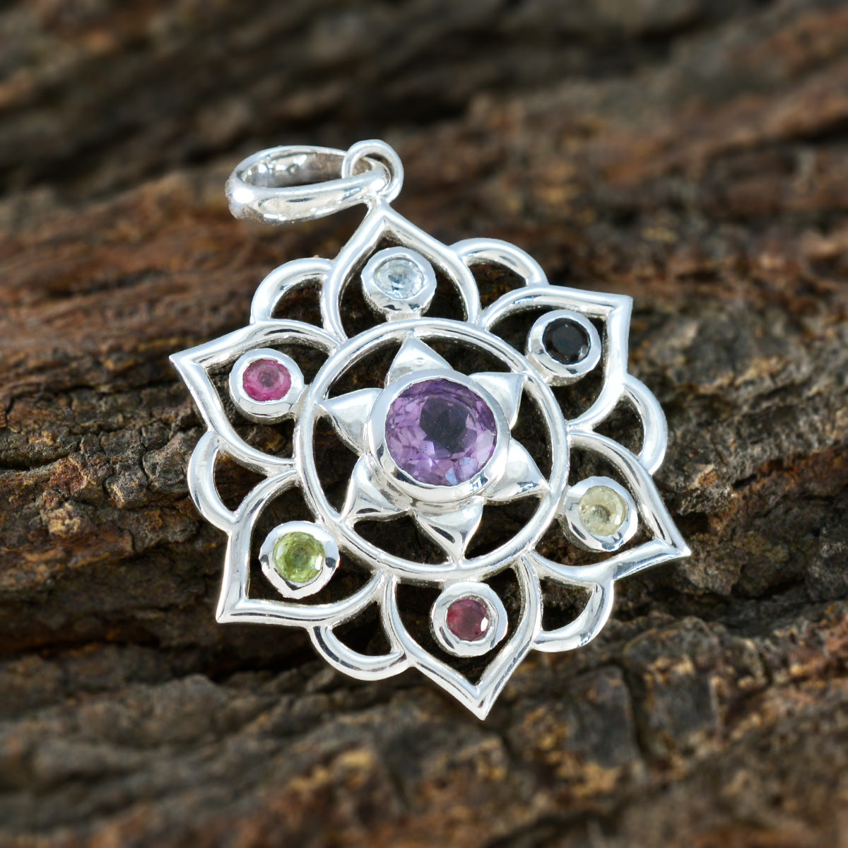 Multi Stone Classic Egyptian 92.5 Silver Hepta Scarlett Rope-Wire multicolor Pendant Jewellery