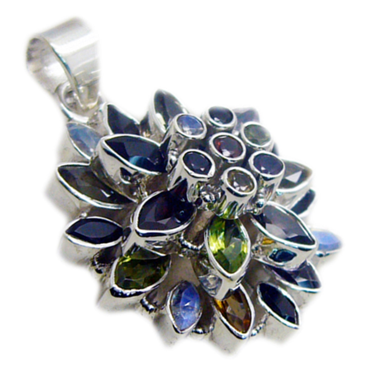 Colgante bohemio de múltiples piedras en plata de ley turca gruesa con múltiples diseños multicolores Imagen principal del producto