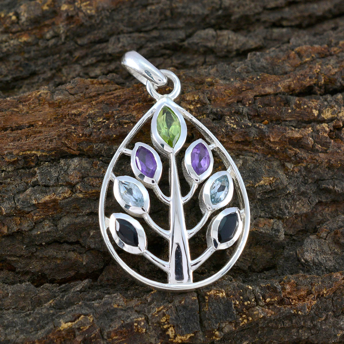 Multi Stone Tiny Mexican Sterling Silver Hepta Aisha Cocktail multicolor Pendant Jewellery